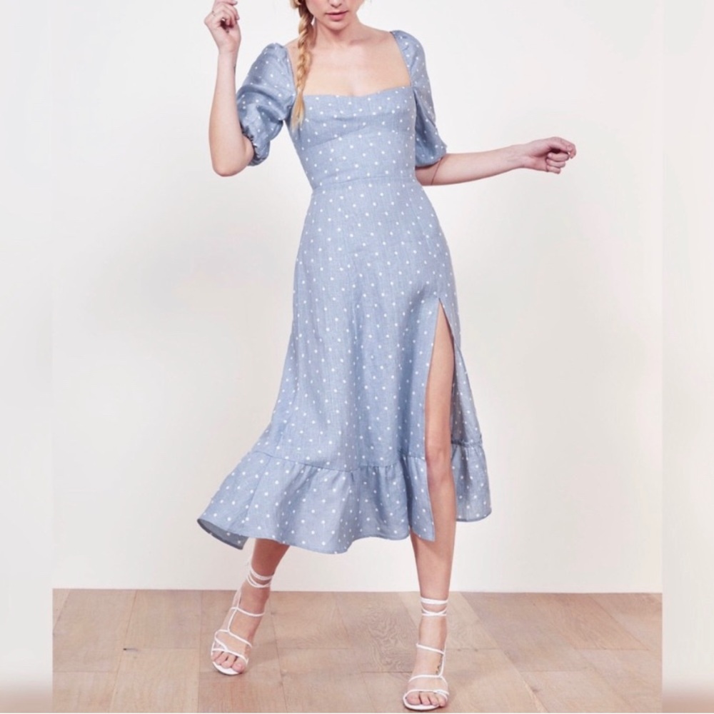 Reformation Light Blue Polka Dot Dress